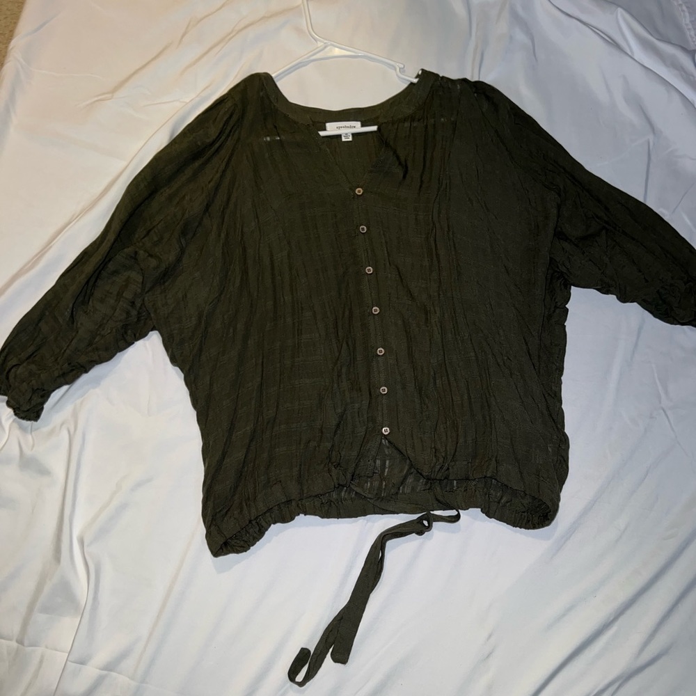 Olive crinkled button up top with tie at bottom